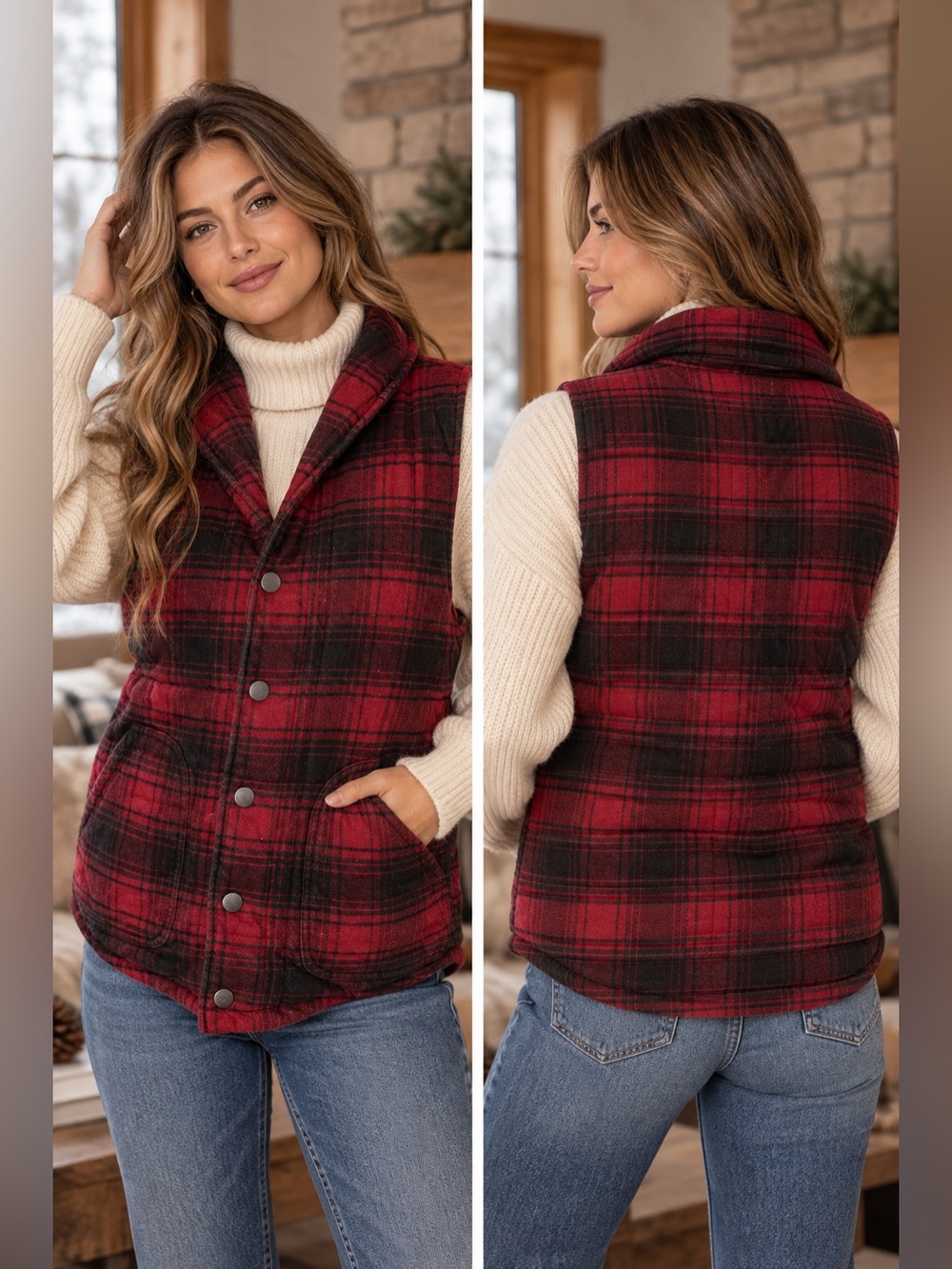 1901 Women’s Red Black Plaid Puffer Vest Quilted Snap Front Size M/L